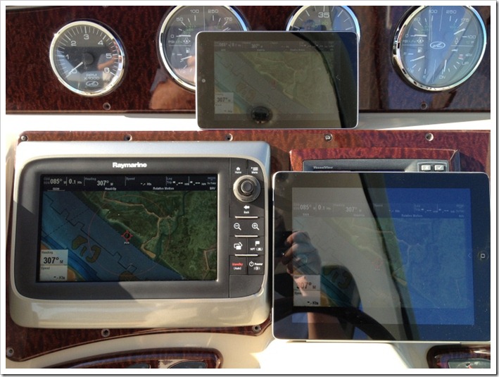 Tablet or Marine MFD? Image in Afternoon sun 4pm of Raymarine C97, iPad Retina and Nexus 7