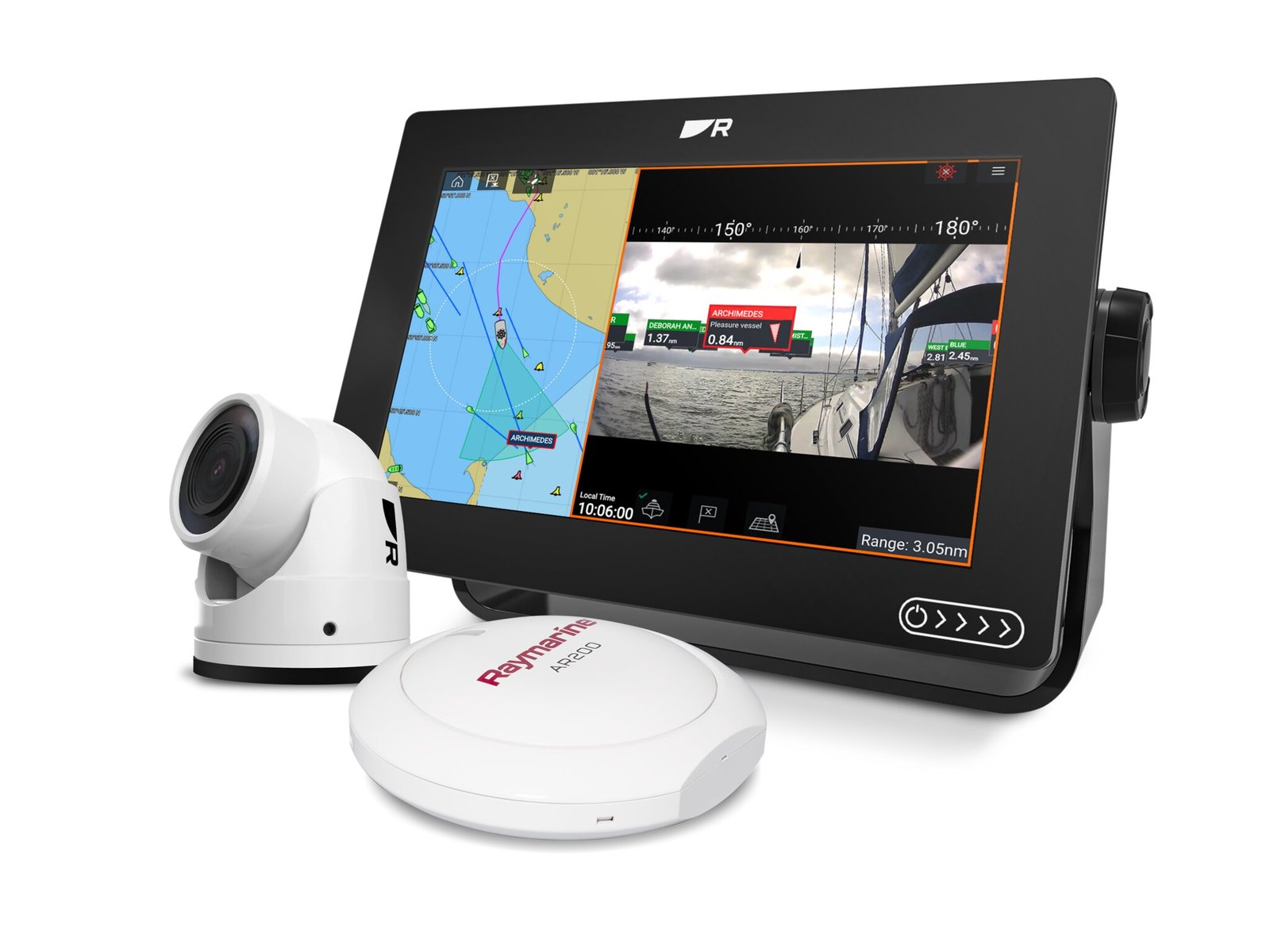 Raymarine CAM400 camera and AR200 augmented reality sensor next to an Axiom chartplotter showing ClearCruise AR