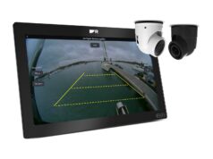 Raymarine CAM400: Great Camera, Shame About LightHouse 4 Raymarine Axiom 2 display showing CAM400 video with yellow docking distance guides, with white and black CAM400 cameras