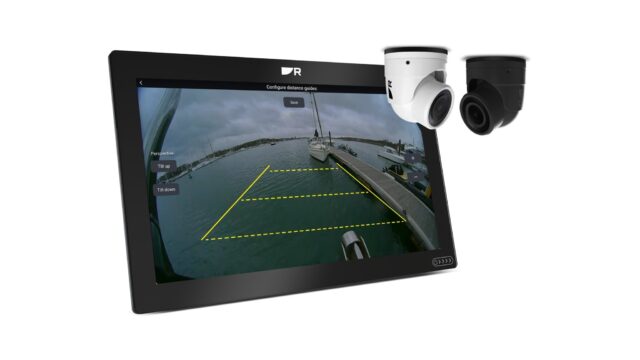 Raymarine Axiom 2 display showing CAM400 video with yellow docking distance guid Raymarine Axiom 2 display showing CAM400 video with yellow docking distance guides, with white and black CAM400 cameras