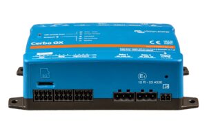 Victron Venus OS v3.85: Security Fix for GX Devices Victron Energy Cerbo GX, a blue control unit, seen from the front showing the tank, temperature, digital-input, relay and power terminals