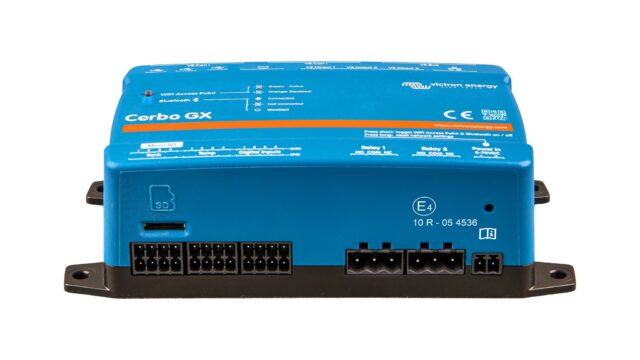 Victron Energy Cerbo GX, a blue control unit, seen from the front showing the tank, temperature, digital-input, relay and power terminals