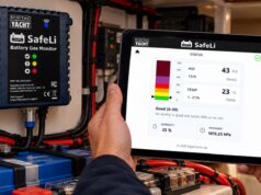 Digital Yacht SafeLi: Lithium Battery Gas Alarm for Boats Digital Yacht SafeLi battery gas monitor mounted beside a lithium battery bank, with readings on a tablet