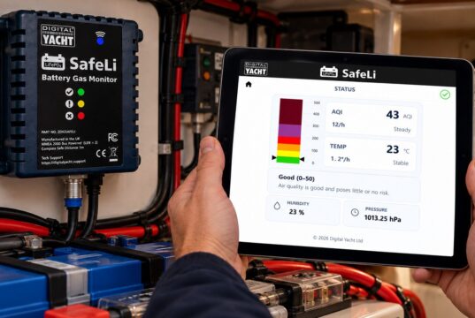 Digital Yacht SafeLi: Lithium Battery Gas Alarm for Boats Digital Yacht SafeLi battery gas monitor mounted beside a lithium battery bank, with readings on a tablet