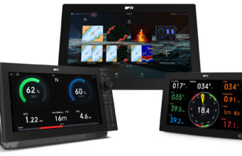 LightHouse 5 – Shame on you, Raymarine! Three Raymarine Axiom 2 chartplotter displays running LightHouse 5: a large display showing the Home screen app grid, a display with an electric-propulsion battery and power dashboard, and a display showing sailing data with a wind and heading compass.