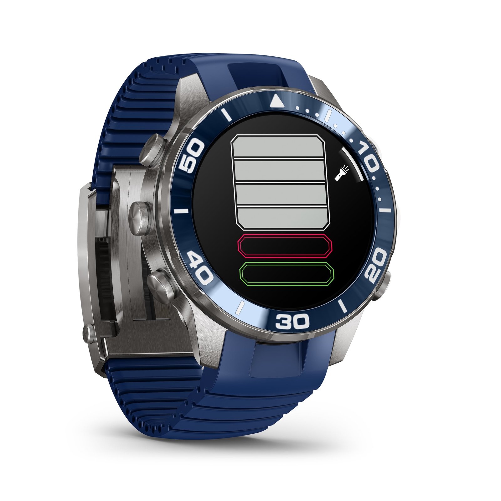 Garmin MARQ Diver Gen 3 watch with blue bezel and blue strap