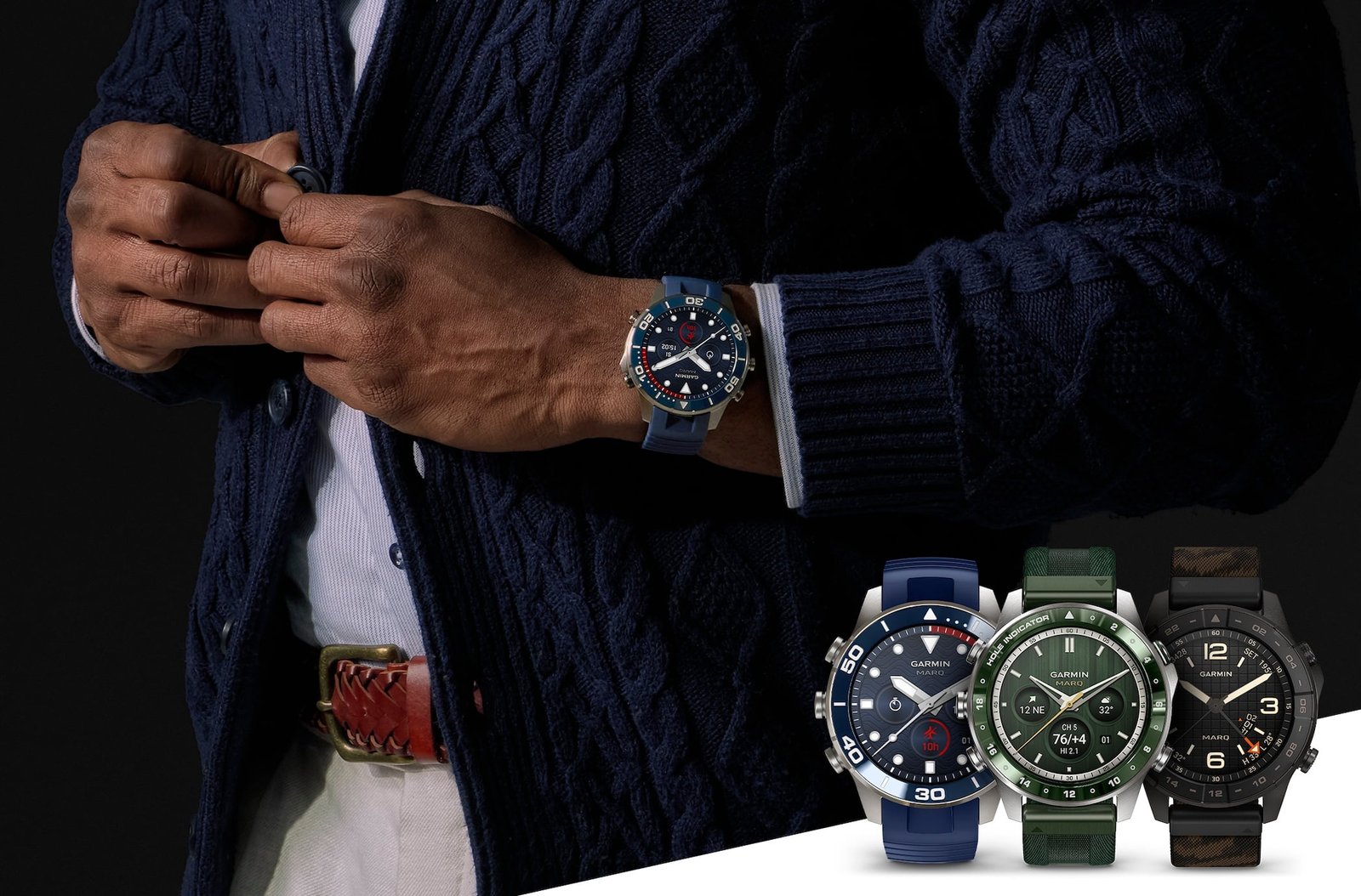 Man adjusting a blue Garmin MARQ Gen 3 watch on his wrist, with three MARQ Gen 3 watches shown alongside