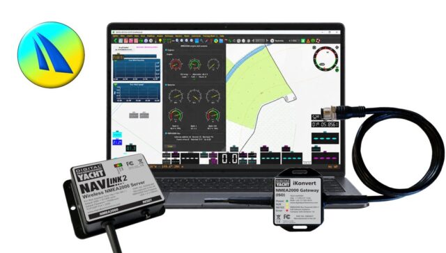 QtVlm with Digital Yacht iKonvert and NavLink 2 QtVlm on a laptop showing NMEA 2000 engine and battery data, with Digital Yacht NavLink 2 and iKonvert gateways