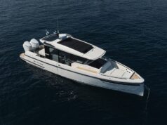Saxdor Starts US Production, Adds 350 GTW at FLIBS Aerial view of the white Saxdor 350 GTW motorboat with twin Mercury outboards on dark blue water