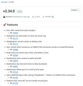 GitHub release page for Signal K Server v2.34.0, marked Latest, listing new features such as track storage and storing the JWT secret outside security.json