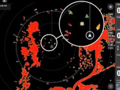 Simrad Navigation Aid puts chart buoys on HALO radar (NEON OS 2.6) Simrad HALO radar view with chart-based Navigation Aid marker icons overlaid on NEON OS