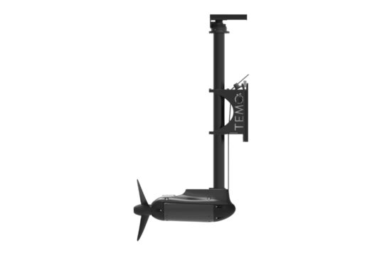 TEMO OUTPOD: Bolt-On Electric Pod Drive for Sailboats TEMO OUTPOD electric pod drive on its transom slide mount, side view