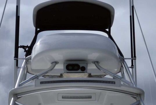 Viking Tests WhaleSpotter: Could It Help Against Orcas? WhaleSpotter thermal camera unit mounted under the tuna tower helm station of a Viking 70 Convertible