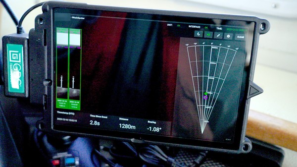 WhaleSpotter helm display showing a whale detection with estimated distance and bearing